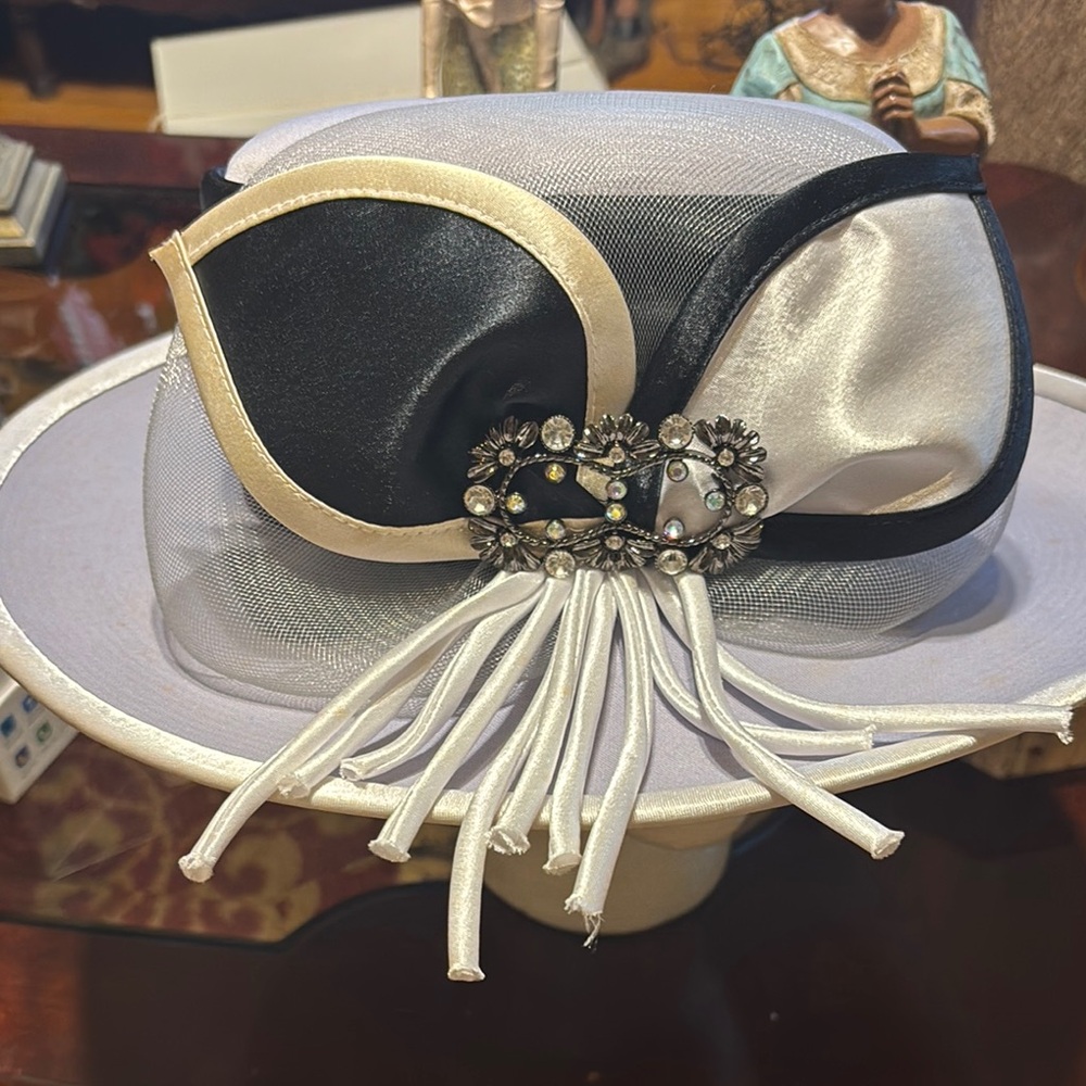 Elegant Black and White Women's Hat with Rhinestone Detail